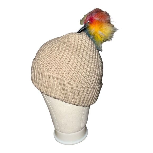 Badgley Mischka Colorful Pom Pom Beanie Oatmeal Rainbow NWT - Picture 3 of 8
